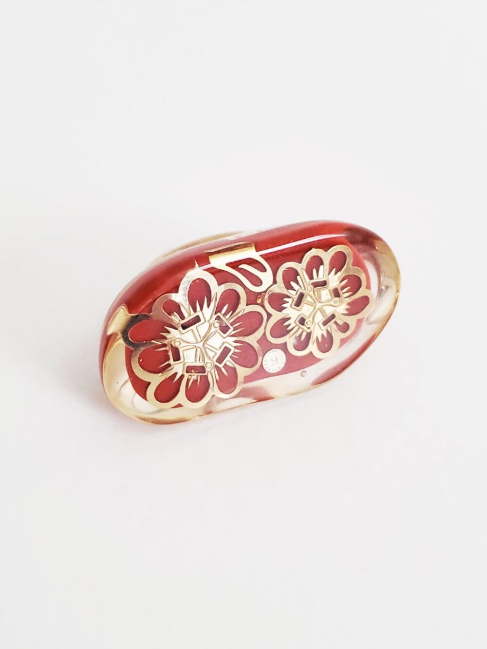 Luc Kieffer Orange Resin Gold Floral Filigree Ring Sz 6.5 NWOT